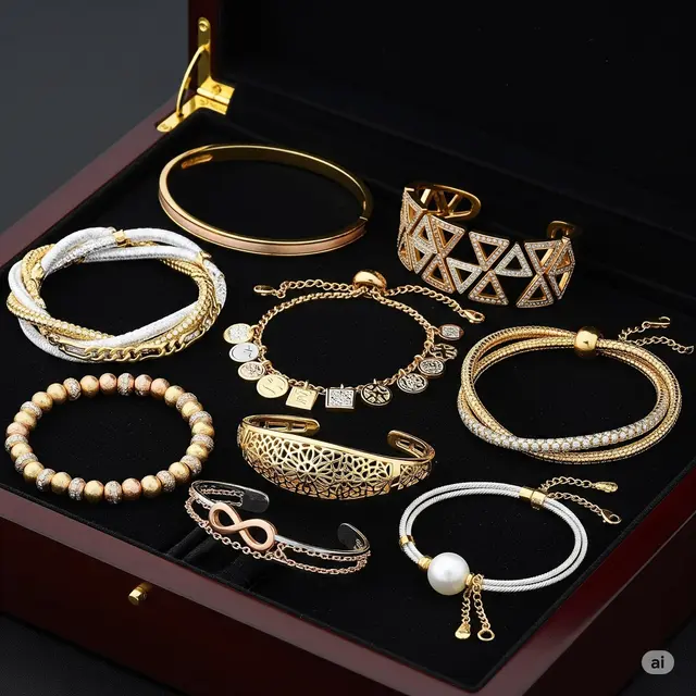 Kotak perhiasan yang berisi koleksi gelang emas kombinasi two-tone.