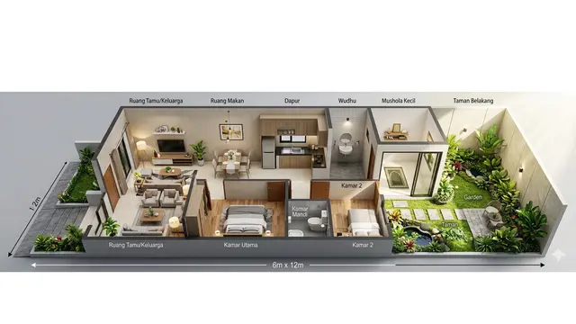 Denah Rumah 6x12 dengan Mushola Kecil