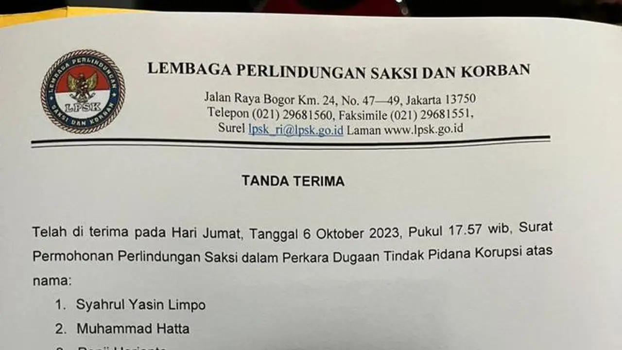 Beredar surat permohononan perlindungan atas nama Menteri nonaktif Pertanian Syahrul Yasin Limpo kepada Lembaga Perlindungan Saksi dan Korban (LPSK).