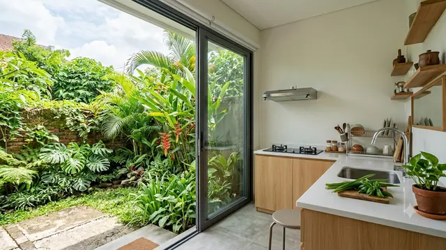 Dapur Semi-Outdoor dengan Pintu Geser Kaca Lebar