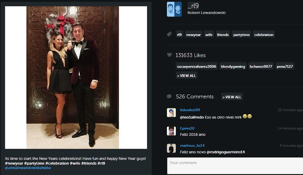 Gaya striker Bayern Munchen, Robert Lewandowski dan istrinya Anna, menyambut tahun baru. (Instagram/Robert Lewandowski)