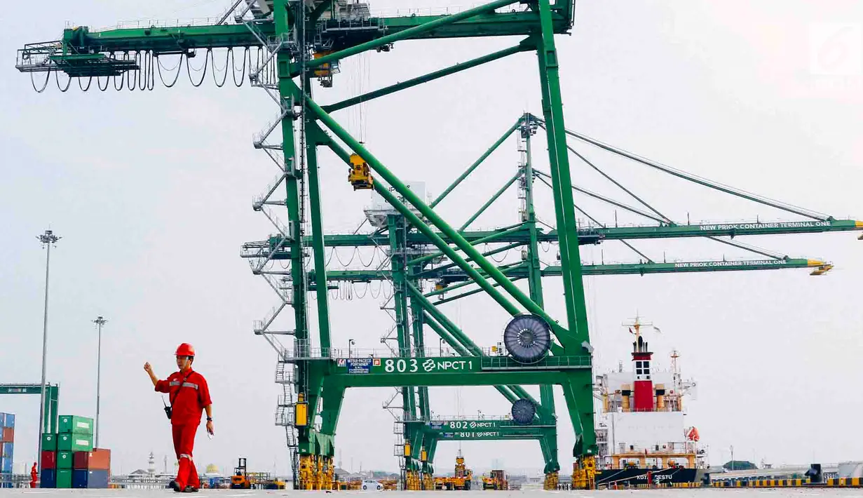 Aktivitas bongkar muat peti kemas di Pelabuhan Tanjung Priok, Jakarta, Rabu (31/10). Fasilitas PSF merupakan skema pembiayaan yang disediakan untuk pengguna jasa kepelabuhanan. (Liputan6.com/Immanuel Antonius)