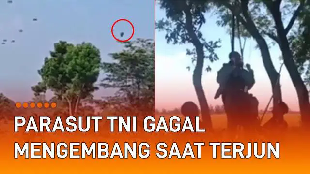 Detik-detik menegangkan terekam kamera warga. Terjadi saat momen terjun payung pasukan TNI pada Senin (14/3/2022). Perekam dan saksi di sekitar terdengar histeris.