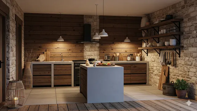Model Dapur Rumah Sederhana dengan Dinding Kayu yang Tetap Elegan/Ilustrasi AI