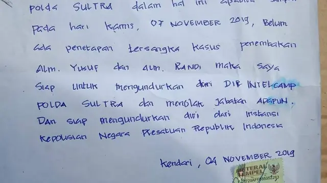 Surat pernyataan ditandatangni Dirintelkam dan Dirkrimum Polda Sulawesi Tenggara, Senin (4/11/2019).(Liputan6.com/Ahmad Akbar Fua)