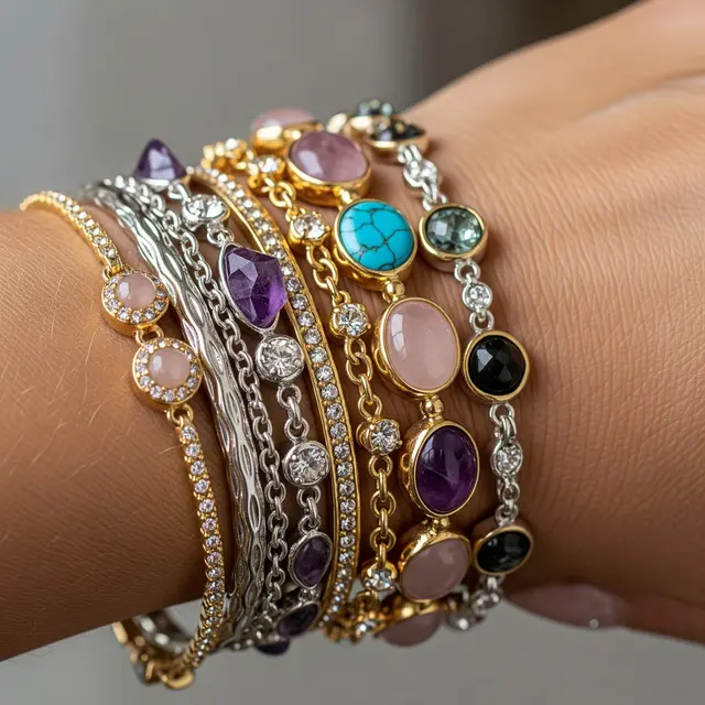 Model Gelang Stacking Mix Metal Emas dan Perak