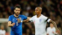 Pemain timnas Italia, Antonio Candreva berebut bola dengan pemain timnas Inggris, Ashley Young dalam laga persahabatan di Stadion Wembley, Rabu (28/3).  Sempat tertinggal, Italia menahan imbang Inggris 1-1. (AP Photo/Alastair Grant)