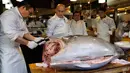 Pekerja restoran susi ternama Jepang memotong ikan tuna sirip biru seberat 278 kg di restoran mereka, Tokyo, Sabtu (5/1). Ikan tuna raksasa itu telah memecahkan rekor penjualan tertinggi, dengan dibeli seharga $ 3,1 juta (Rp43,4 miliar). (Kazuhiro NOGI/AF