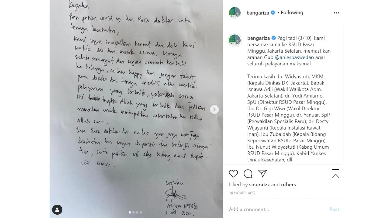 Surat terbuka itu diunggahnya ke akun Instagram Wagub DKI @bangariza pada Sabtu 3 Oktober 2020 malam.