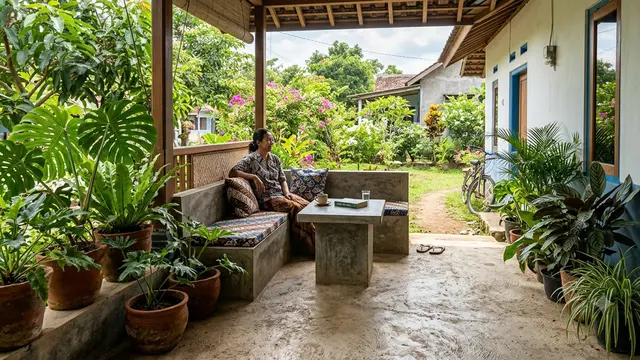 Ide Membuat Sudut Santai di Teras Rumah dengan Meja Semen dan Tanaman Rindang Santai dekat Halaman Depan