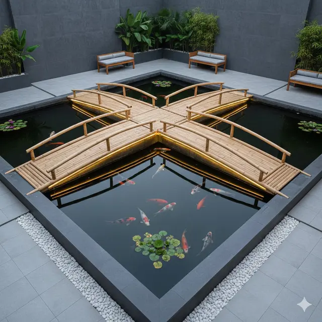 Model Kolam Ikan dengan Jembatan Bambu Mini di Teras Rumah
