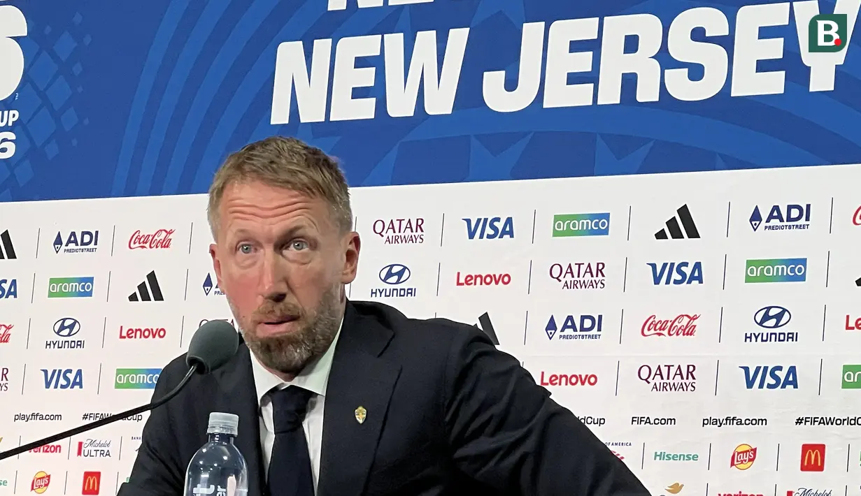 Pelatih Swedia memberikan keterangan kepada awak media setelah timnya kalah 0-3 dari Prancis pada babak 32 besar Piala Dunia 2026 di MetLife Stadium, New York, New Jersey, Amerika Serikat, Selasa (30/6/2026) waktu setempat atau Rabu (1/7/2026) dini hari WIB. Kekalahan tersebut mengakhiri langkah Swedia di Piala Dunia 2026. (KLY Sports/Hery Kurniawan)