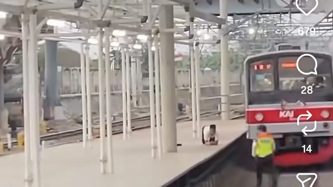 Tangkapan layar pria melompat ke rel Stasiun Tanah Abang.