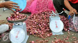 Petugas menimbang bawang merah yang akan dijual, Jakarta, Kamis (26/5/2016). Kementerian Pertanian menggelar pasar murah dengan menjual bawang merah dengan harga Rp 25.000/kg. (Liputan6.com/Yoppy Renato)