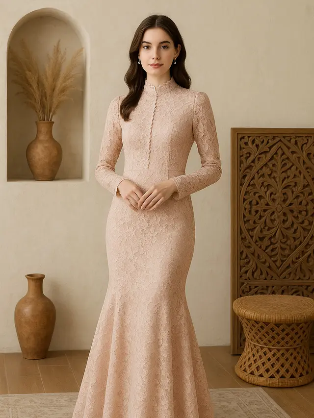 Trend Long Dress Brokat 2025 Warna Pastel dan Model Mermaid
