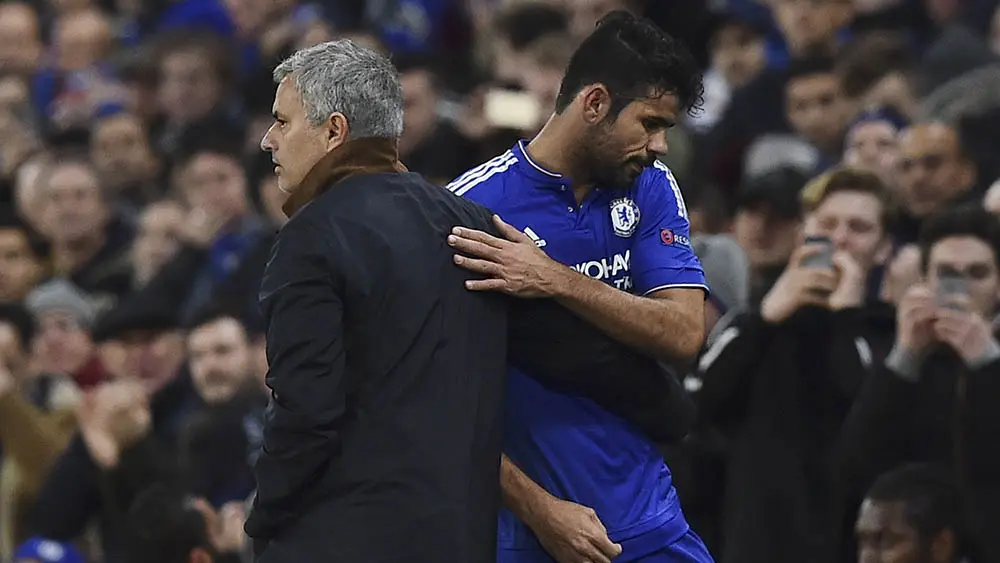 Kolaborasi Diego Costa dan Jose Mourinho mengantarkan Chelsea meraih gelar Premier League pada 2014-15. (AFP/Ben Stansall)