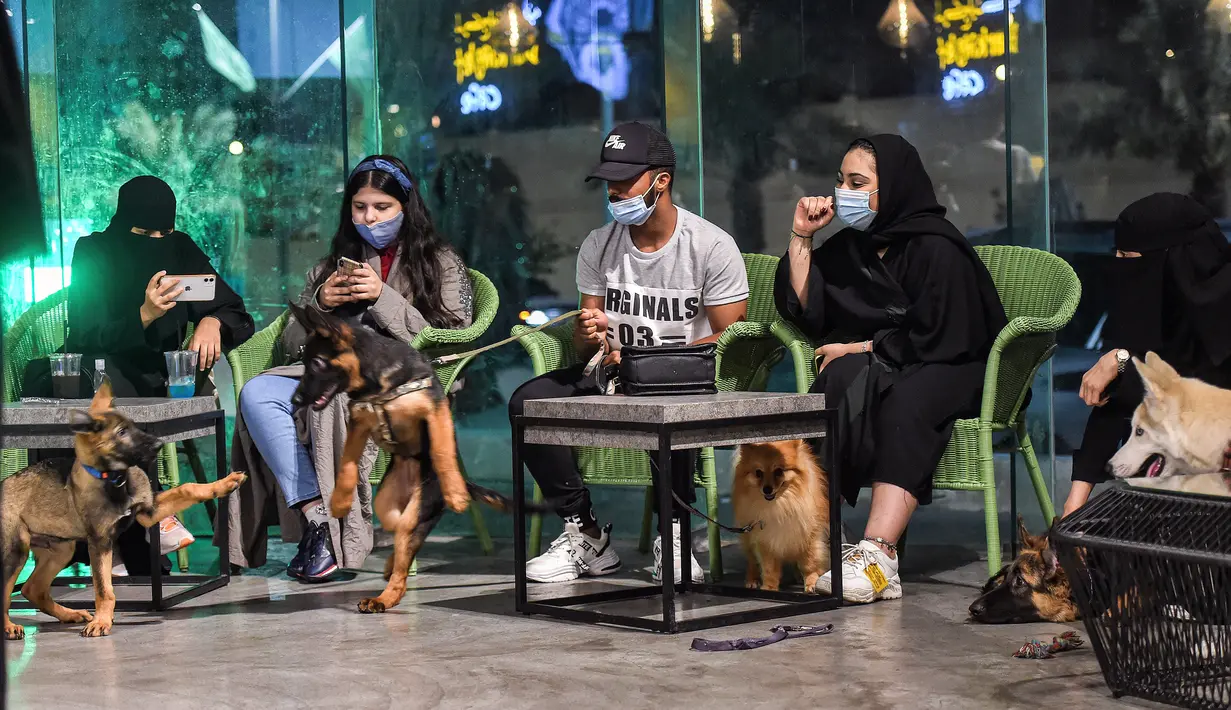 Anjing herder bermain saat pemiliknya duduk di kafe "Barking Lot" di kota pesisir Khobar, Arab Saudi pada 25 September 2020. Pemilik anjing di Arab Saudi kini dapat menikmati secangkir kopi bersama hewan kesayangan di kafe baru, sekaligus yang pertama di negara konservatif itu. (FAYEZ NURELDINE/AFP)