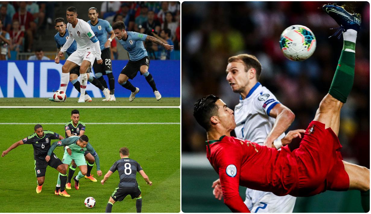 Cristiano Ronaldo membawa pengaruh yang besar untuk prestasi timnas Portugal, ia memberikan gelar bergengsi pertama untuk Portugal pada Piala Eropa 2016. Berikut aksi keren Ronaldo ketika bermain untuk Timnas Portugal. (kolase foto AFP)