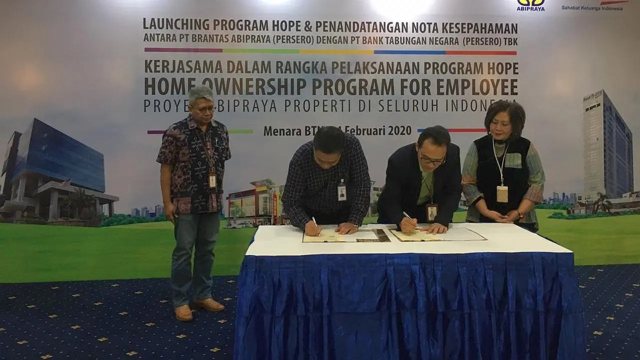 Abipraya Properti menjalin kerja sama dengan BTN dalam penyediaan Kredit Pemilikan Rumah dan Apartemen (KPR/KPA) yang dikembangkan oleh Abipraya Properti dalam program Home Ownership Program For Employee (HOPE). (Dok Brantas Abipraya)