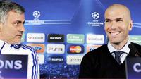 Pelatih Real Madrid Jose Mourinho (kiri) dan legenda Madrid Zinedine Zidane di sesi konferensi pers jelang laga leg pertama babak 16 besar Liga Champions melawan Olympique Lyonnais, 21 Februari 2011. AFP PHOTO / PHILIPPE DESMAZES 
