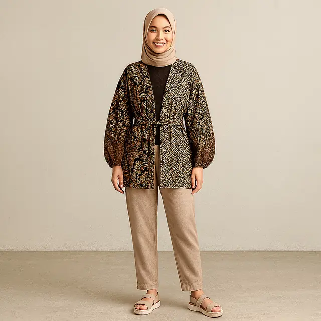 Gaya Batik Kombinasi Lengan Puff Hijab Friendly/Ilustrasi gambar AI