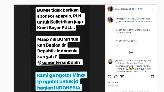 Ahmad Sahroni selaku Ketua Panitia Pelaksana Formula E Jakarta menyinggung BUMN
