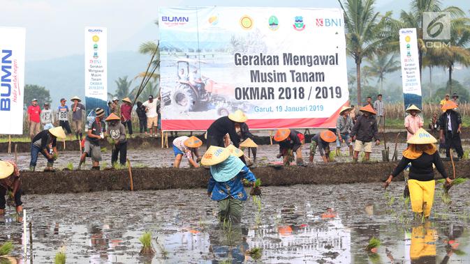 Sejumlah petani saat mengikuti Gerakan Mengawal Musim Tanam Okmar 2018/2019 di Desa Leuwigoong, Garut, Jawa Barat, Sabtu (19/1). (Liputan6.com/Angga Yuniar)