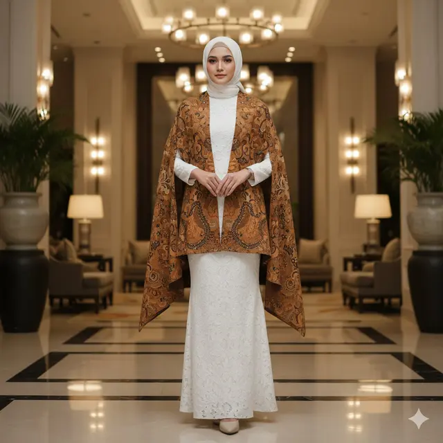 Gamis Putih Brokat Aksen Batik Coklat Earthy Tone