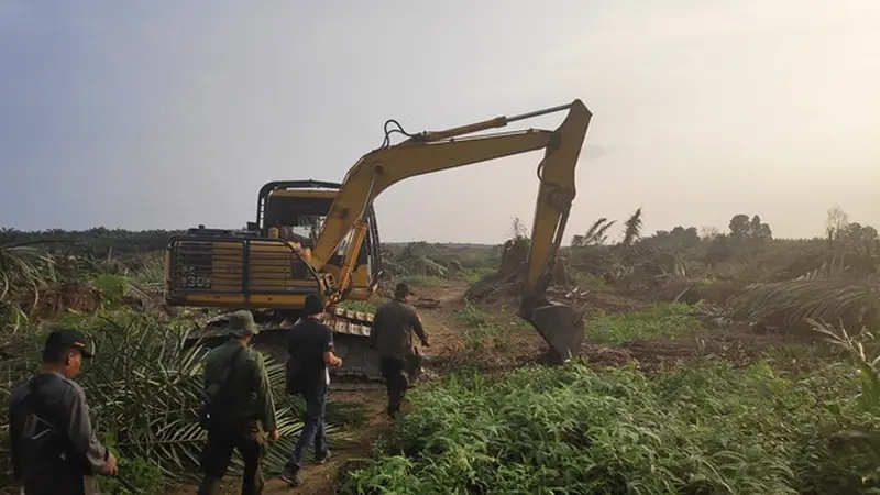 Petugas keamanan mengerahkan alat berat untuk eksekusi lahan PT Peputra Supra Jaya di Kabupaten Pelalawan.