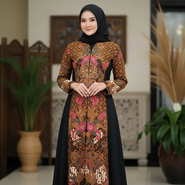 9 Model Gamis Batik Kombinasi Polos Hitam untuk Acara Formal, Tampil Anggun