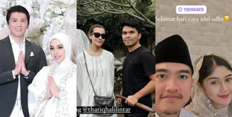 Di momen Idul Adha kali ini, sederet pasangan artis tampil serasi dengan busana muslim. Seperti Syahrini-Reino Barack, Aaliyah Massaid-Thariq Halilintar hingga Erina Gudono-Kaesang Pangarep. [@princessyahrini @aaliyah.massaid @erinagudono]