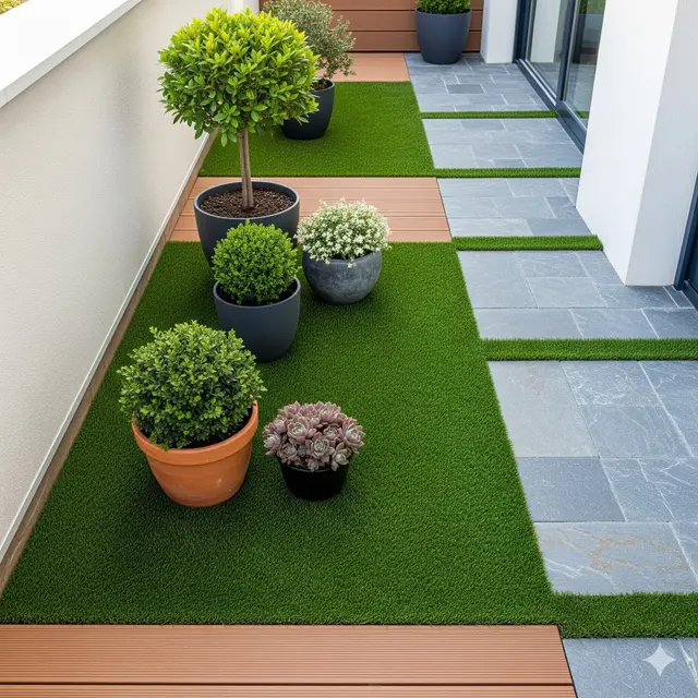 Teras dengan Rumput Sintetis dan Pot Kecil