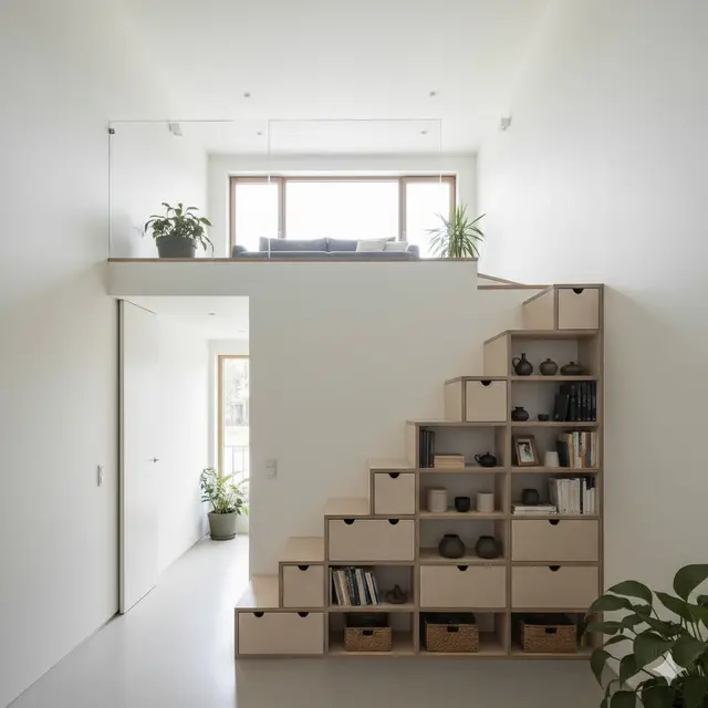 Model Rumah Kecil Mezzanine dengan Rak Tangga Multifungsi