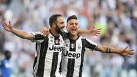 Striker Juventus Gonzalo Higuain yakin bahwa rekan setimnya Paulo Dybala bisa menjadi pemain sukses seperti Lionel Messi. (MARCO BERTORELLO / AFP)