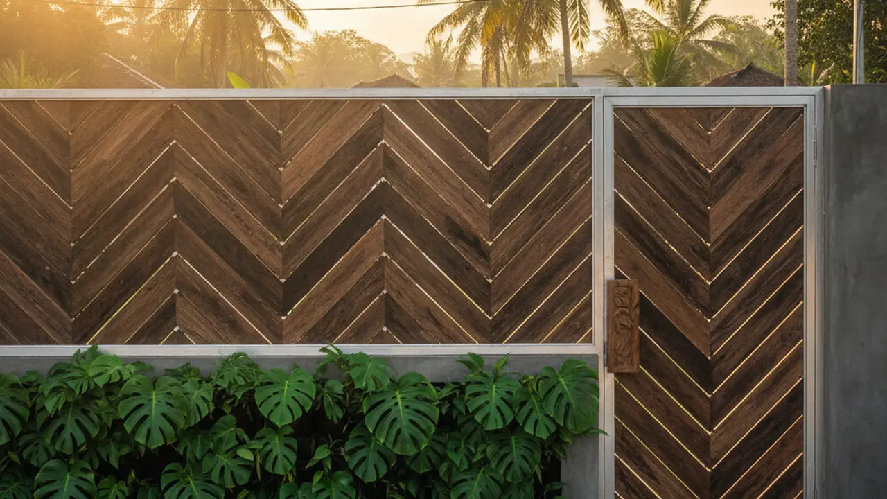 Model Pagar Rumah Ramah Lingkungan dari Kayu Daur Ulang Modern. AI
