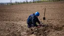 <p>&nbsp;Seorang anggota tim penjinak ranjau dari Layanan Darurat Negara Ukraina bekerja untuk menghancurkan rudal yang belum meledak yang tersisa di dekat desa Hryhorivka, Wilayah Zaporizhzhia, di tengah invasi Rusia pada 5 Mei 2022. Musim tanam tahun ini petani membutuhkan lebih dari bahan bakar dan pupuk. Kini, mereka juga membutuhkan jaket antipeluru dan ranjau untuk menghancurkan bom yang tersebar di ladang mereka. (Dimitar DILKOFF / AFP)</p>