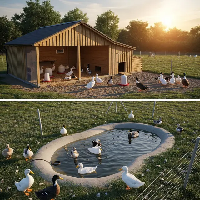 Ide Kandang Bebek dengan Area Kering dan Tempat Berendam (AI Generated)