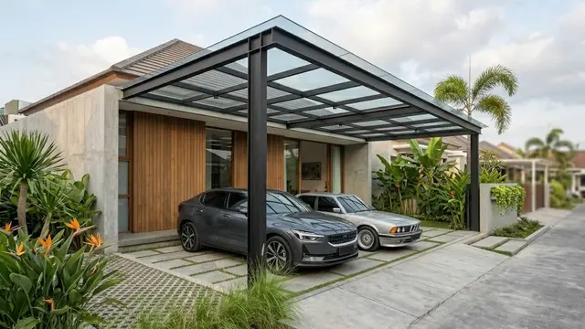 Carport Industrial Tanpa Pagar dengan Atap Kaca Laminated