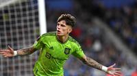 Selebrasi wonderkid MU Alejandro Garnacho saat menjebol gawang Sociedad di Liga Europa (AFP)