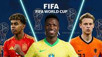 Ilustrasi bintang Piala Dunia 2026, Lamine Yamal, Vinicius Junior, Kylian Mbappe, Frenkie de Jonk (Bola.com/AFP/Gemini)