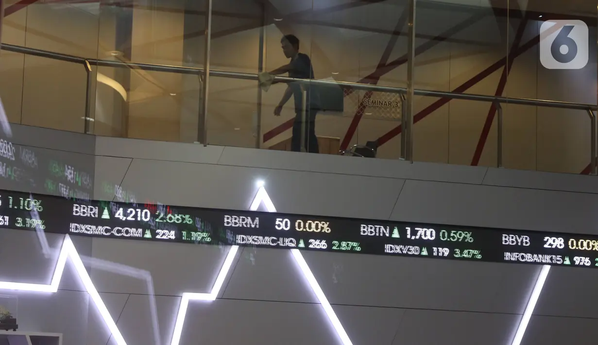 Pekerja melintas di layar IHSG di BEI, Jakarta, Rabu (4/3/2020). IHSG kembali ditutup Melesat ke 5.650, IHSG menutup perdagangan menguat signifikan dalam dua hari ini setelah diterpa badai corona di hari pertama pengumuman positifnya wabah corona di Indonesia. (Liputan6.com/Angga Yuniar)