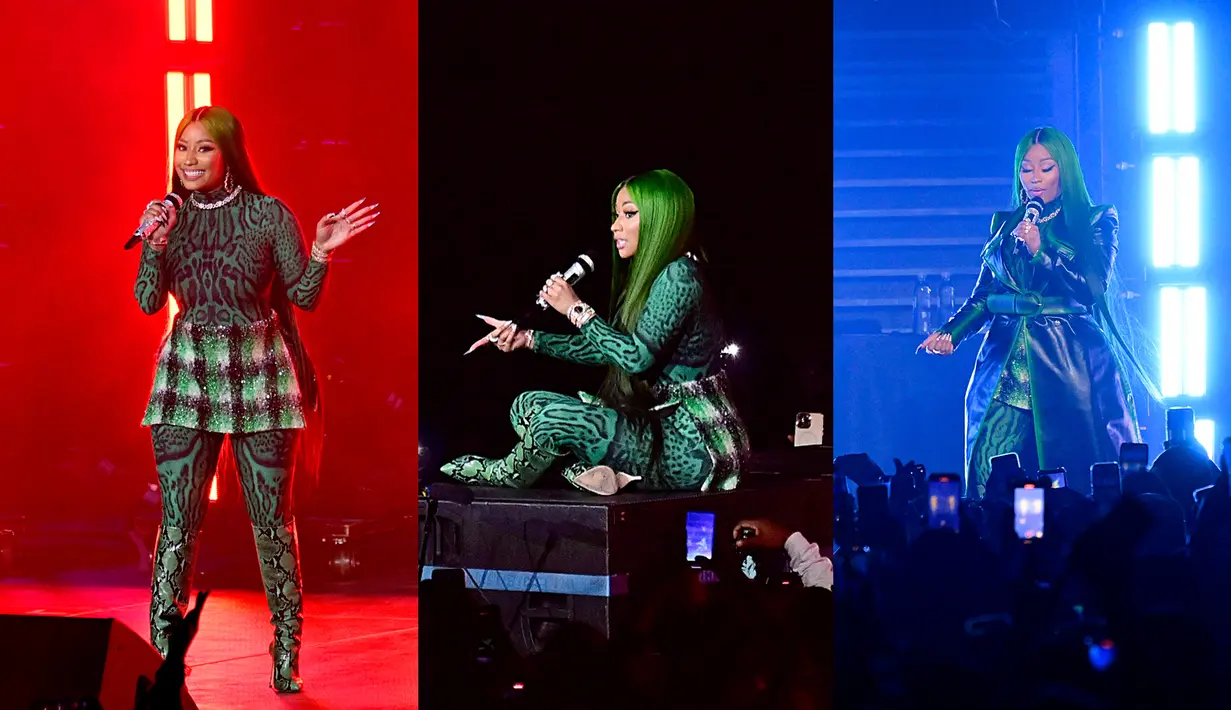Foto kolase Nicki Minaj saat tampil di atas panggung Powerhouse NYC di Newark, New Jersey pada 29 Oktober 2022. (Roy Rochlin/Getty Images untuk iHeartRadio/AFP)