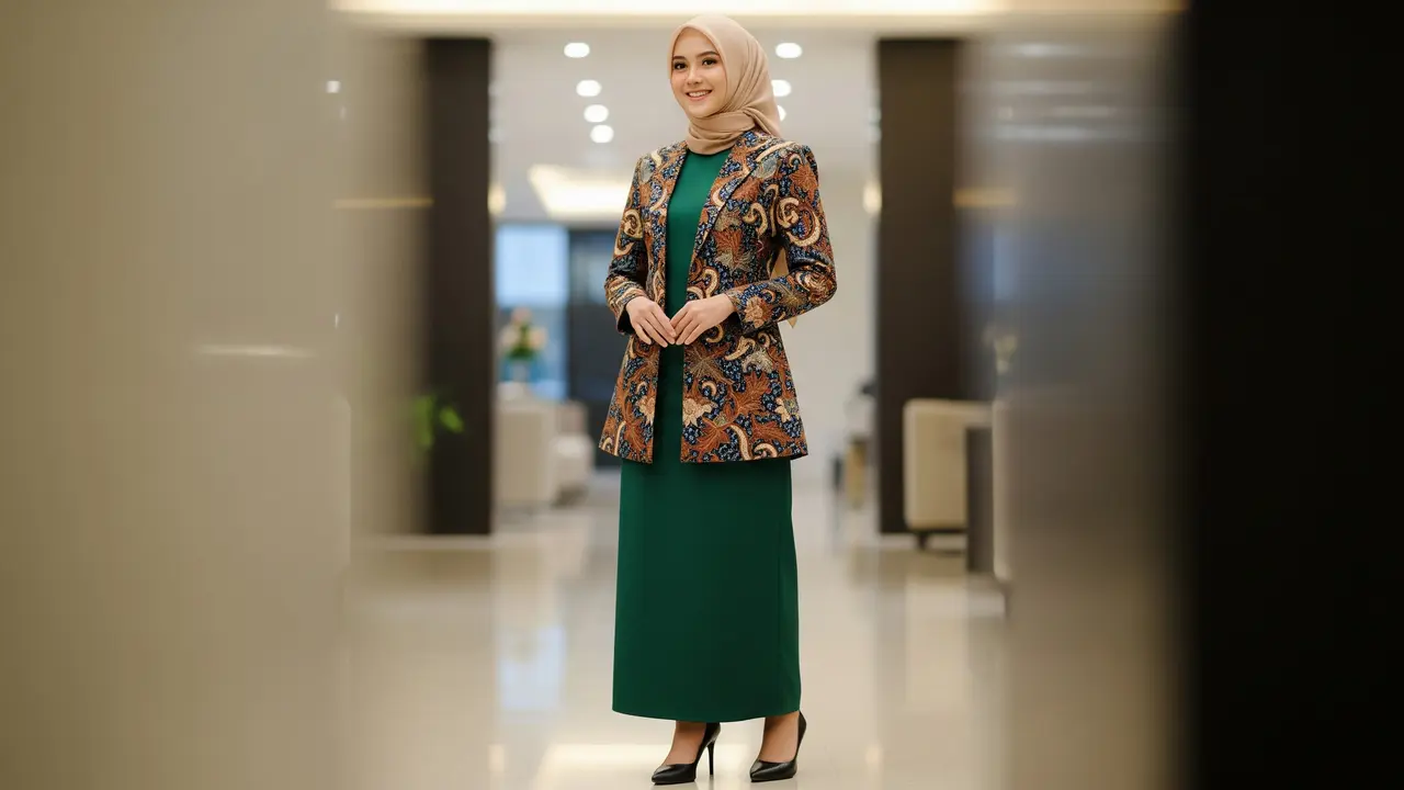 Model Gamis Polos Kombinasi Blazer Batik