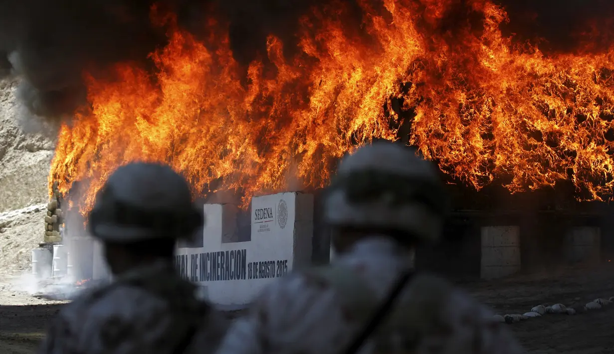 Petugas berjaga saat pembakaran ganja dan obat terlarag lainnya di kamp angkatan darat, Tijuana, Meksiko, (18/8/2015). 7 ton obat terlarang yang disita di Tijuana akan dibakar secara bersamaan di sembilan negara bagian di Meksiko. (REUTERS/Jorge Duenes)
