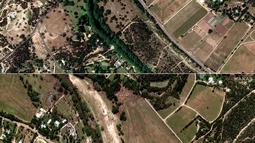 Kombinasi gambar yang dibuat pada 8 Juli 2025 ini menunjukkan (atas) gambar selebaran milik Maxar Technologies yang menunjukkan jalan raya negara bagian 39 sebelum banjir bandang di sepanjang Sungai Guadalupe di Hunt, Texas pada 23 Juni 2023, sementara (bawah) gambar selebaran ini milik Maxar Technologies menunjukkan jalan raya negara bagian 39 setelah banjir bandang di sepanjang Sungai Guadalupe di Hunt, Texas pada 8 Juli 2025. (Foto oleh Citra satelit ©2025 Maxar Technologies/AFP)