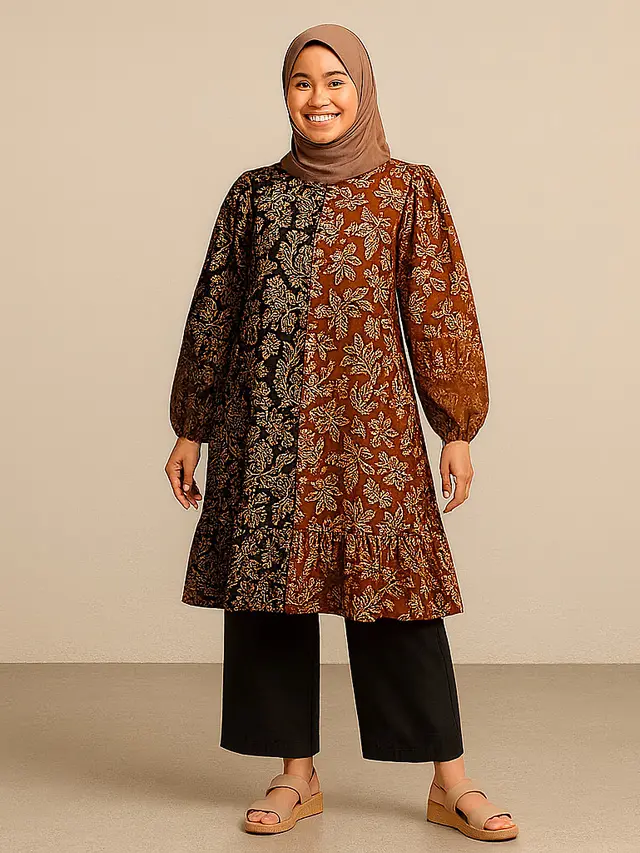 Gaya Batik Kombinasi Lengan Puff Hijab Friendly/Ilustrasi gambar AI