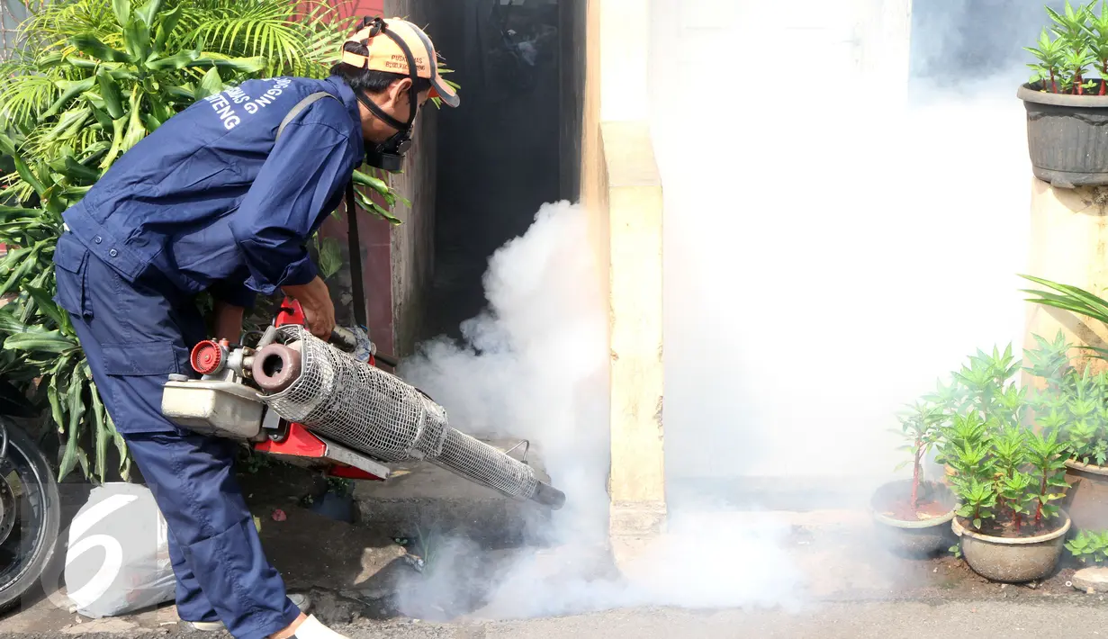 Petugas melakukan penyemprotan asap di salah satu rumah di kawasan Menteng Atas dan Menteng Tenggulun, Jakarta, Senin (8/5). Penyemprotan asap dilakukan untuk mencegah perkembangbiakan nyamuk demam berdarah. (Liputan6.com/Helmi Fithriansyah)