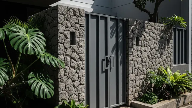 Pagar Modern Industrial dengan Besi Hollow Abu-Abu dan Batu Alam Kasar