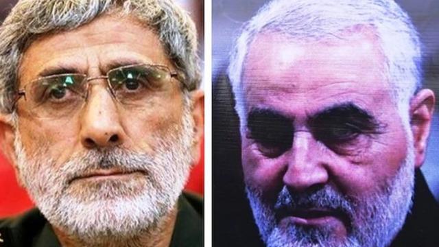 Brigadir Jenderal Esmail Ghaani (kiri) menggantikan Jenderal Qassem Soleimani yang terbunuh oleh AS. (KHAMENEI.IR / AFP)