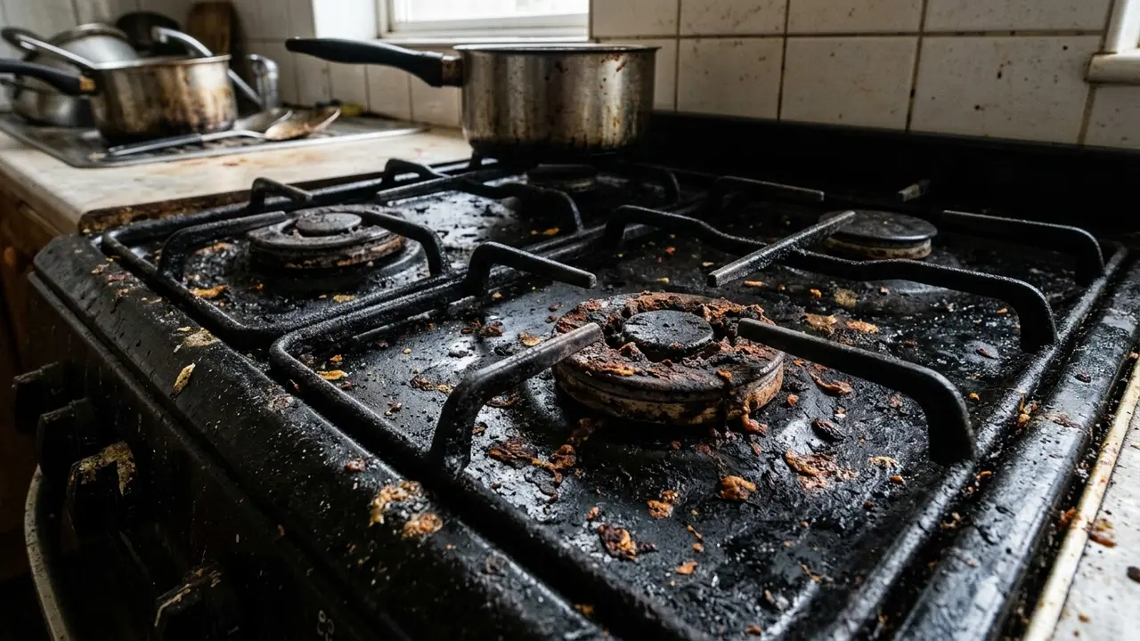 Kompor Hitam Penuh Kerak (AI Generated)